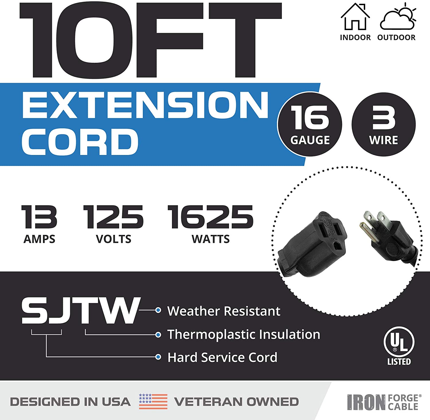 IRON FORGE CABLE, 10 Ft Outdoor Extension Cord - 16 Gauge- Black