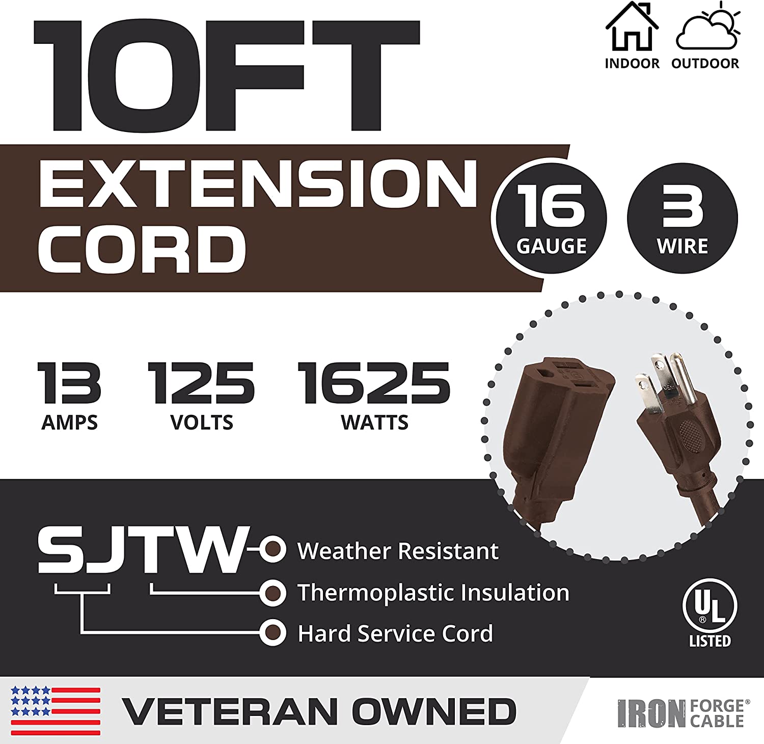 IRON FORGE CABLE, 10 Ft Outdoor Extension Cord- 16 Gauge- Brown