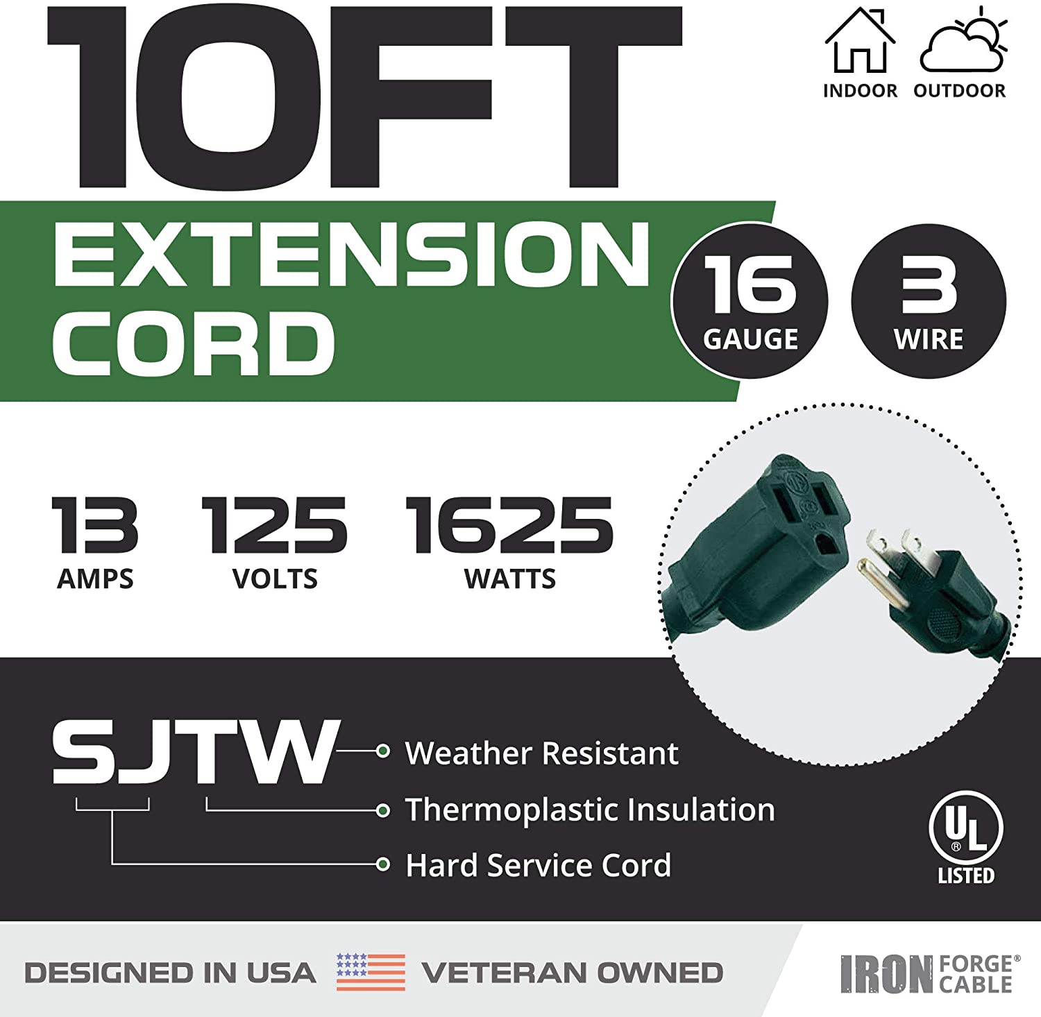 IRON FORGE CABLE, 10 Ft Outdoor Extension Cord - 16 Guage- Green