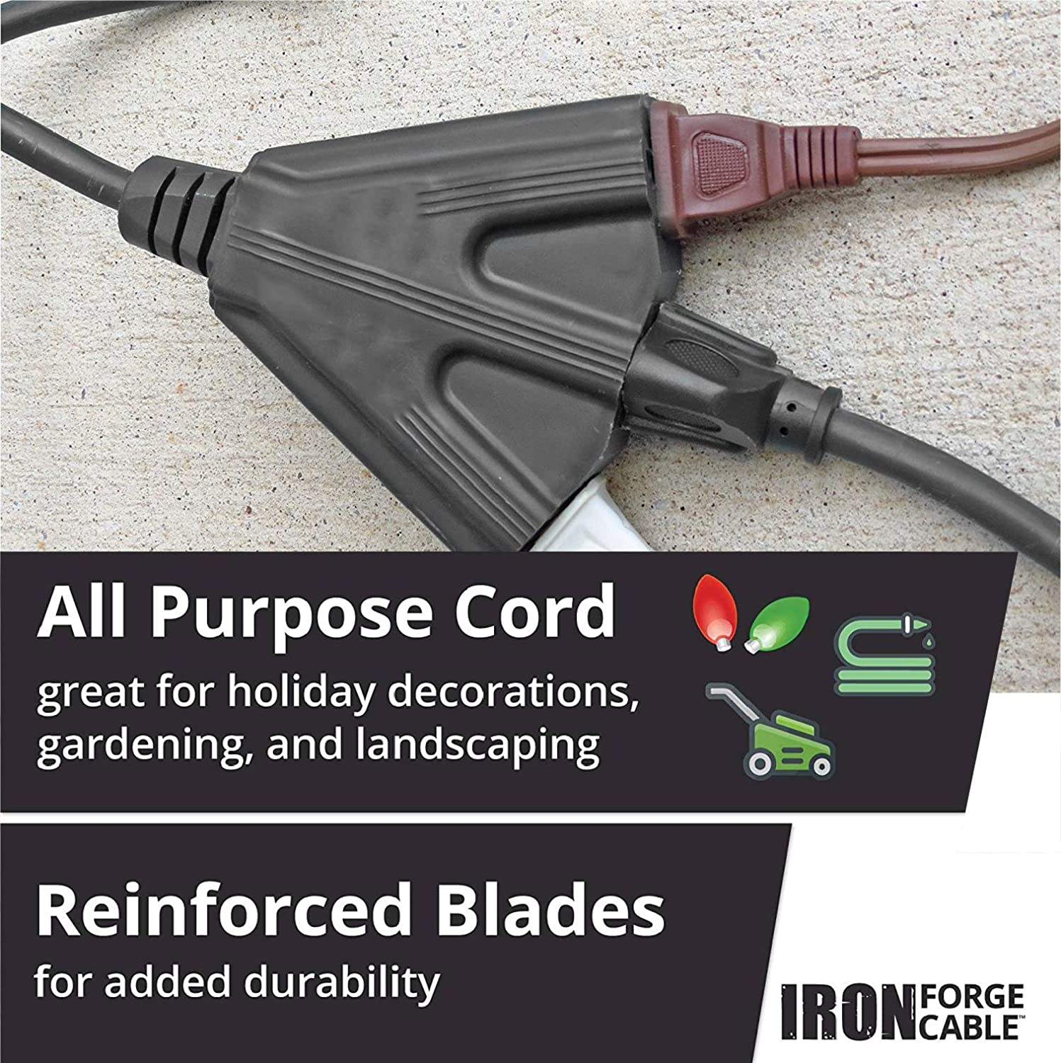 IRON FORGE CABLE, 10 Ft Outdoor Extension Cord- 3 Outlets - 16 Gauge- Black