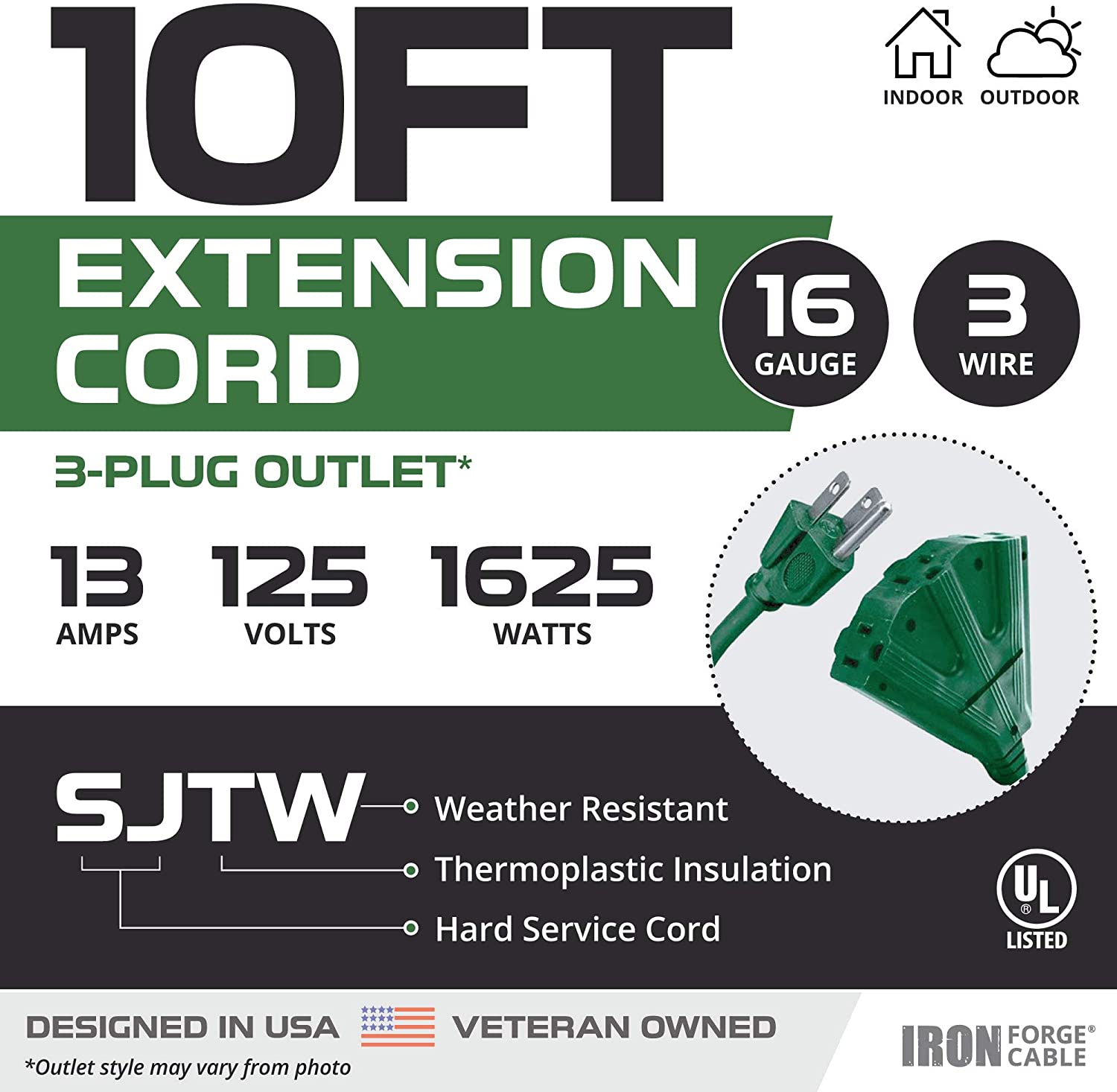 IRON FORGE CABLE, 10 Ft Outdoor Extension Cord- 3 Outlets - 16 Gauge- Green