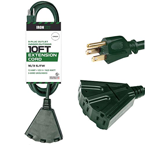 IRON FORGE CABLE, 10 Ft Outdoor Extension Cord- 3 Outlets - 16 Gauge- Green