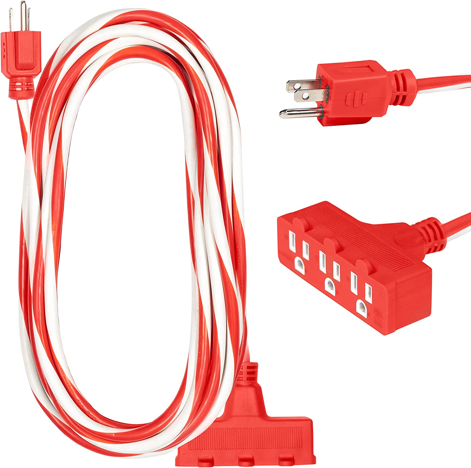 IRON FORGE CABLE, 10 Ft Outdoor Extension Cord- 3 Outlets - Candy Cane