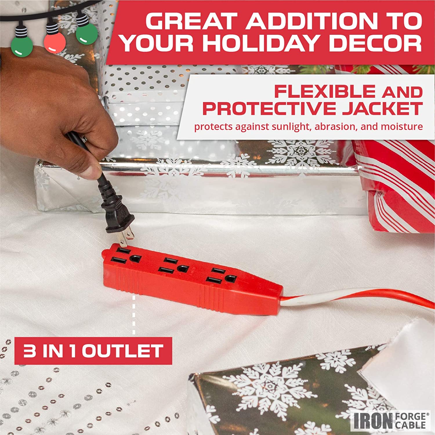 IRON FORGE CABLE, 10 Ft Outdoor Extension Cord- 3 Outlets - Candy Cane