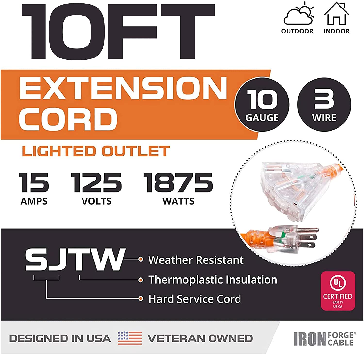 IRON FORGE CABLE, 10 Ft Outdoor Lighted Extension Cord-3 Outlet- 10 Gauge- Orange