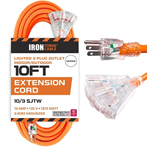 IRON FORGE CABLE, 10 Ft Outdoor Lighted Extension Cord-3 Outlet- 10 Gauge- Orange