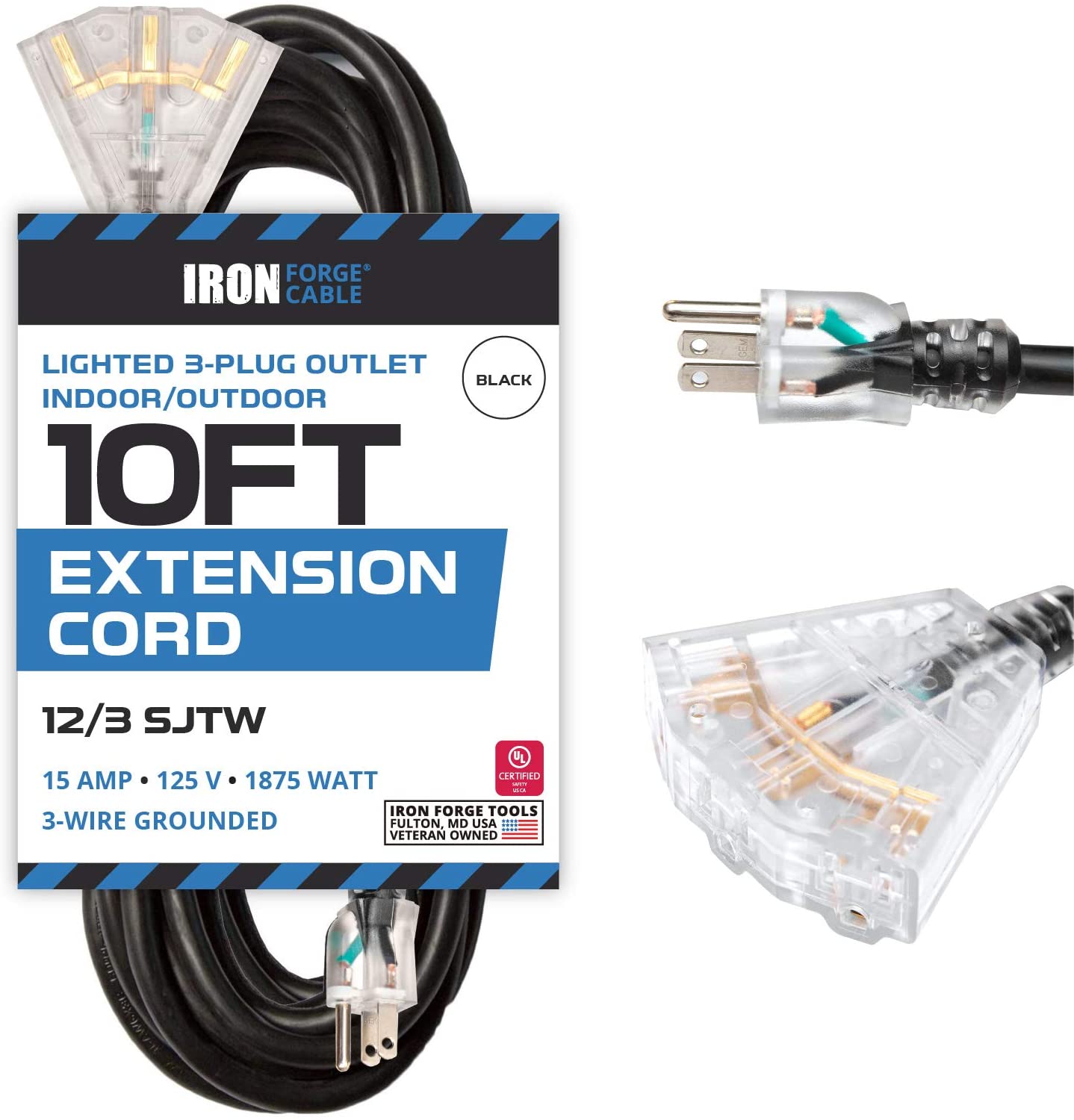 IRON FORGE CABLE, 10 Ft Outdoor Lighted Extension Cord- 3 Outlets - 12 Gauge- Black