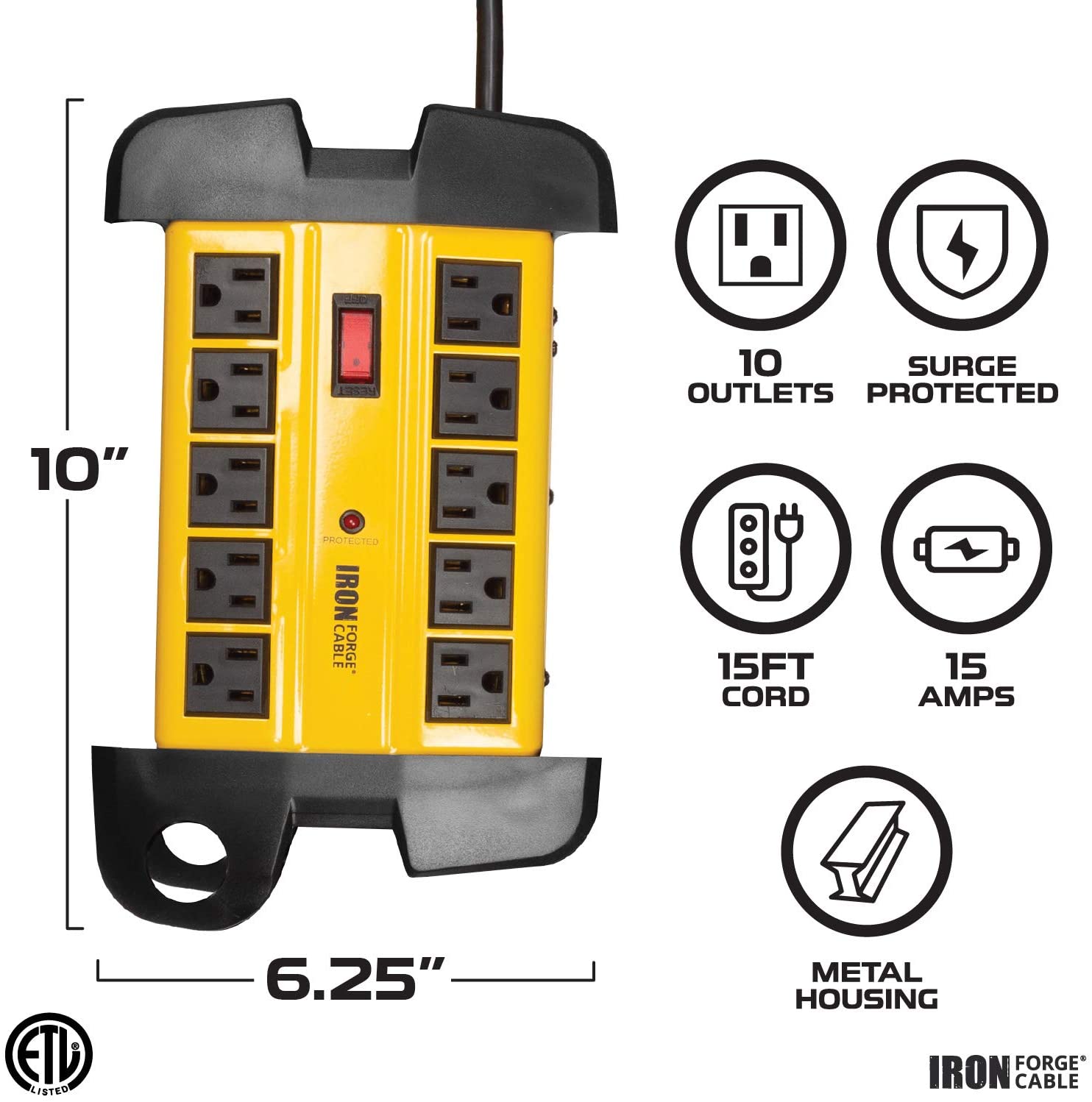 IRON FORGE CABLE, 10 Outlet, 15 ft Heavy Duty Power Strip - Black and Yellow