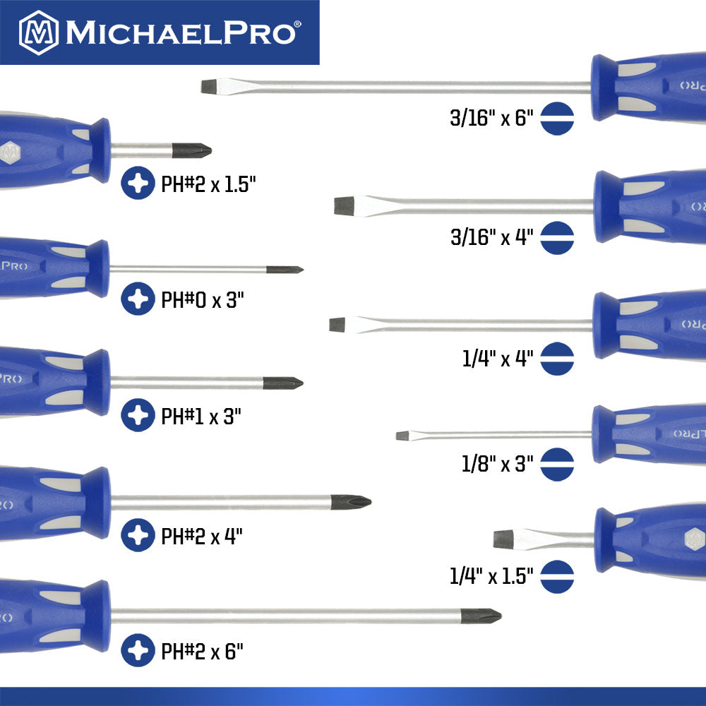 MichaelPro, 10-Piece Magnetic Screwdriver Set, Phillips & Flat (MP002035)