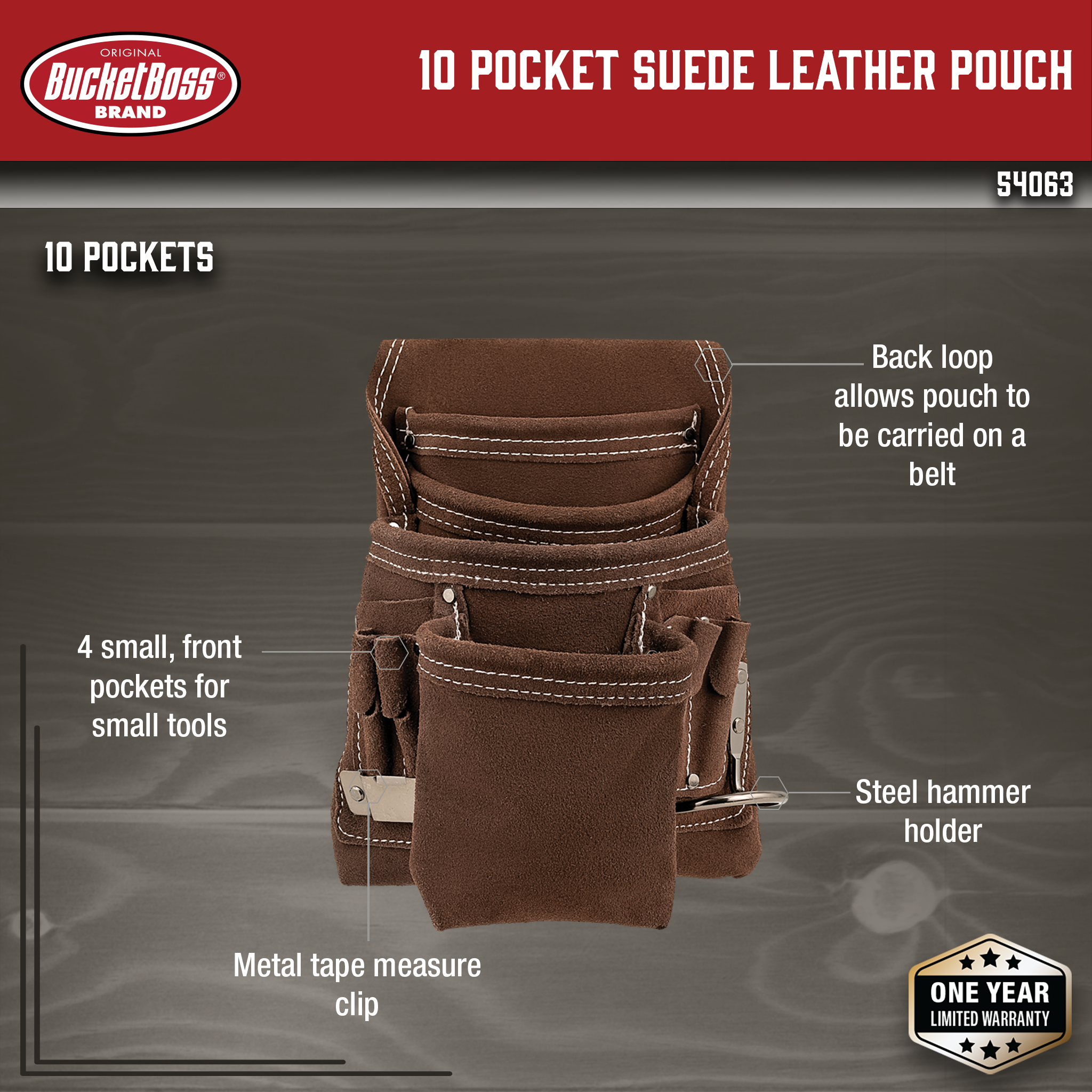 Bucket Boss, 10 Pocket Suede Leather Pouch