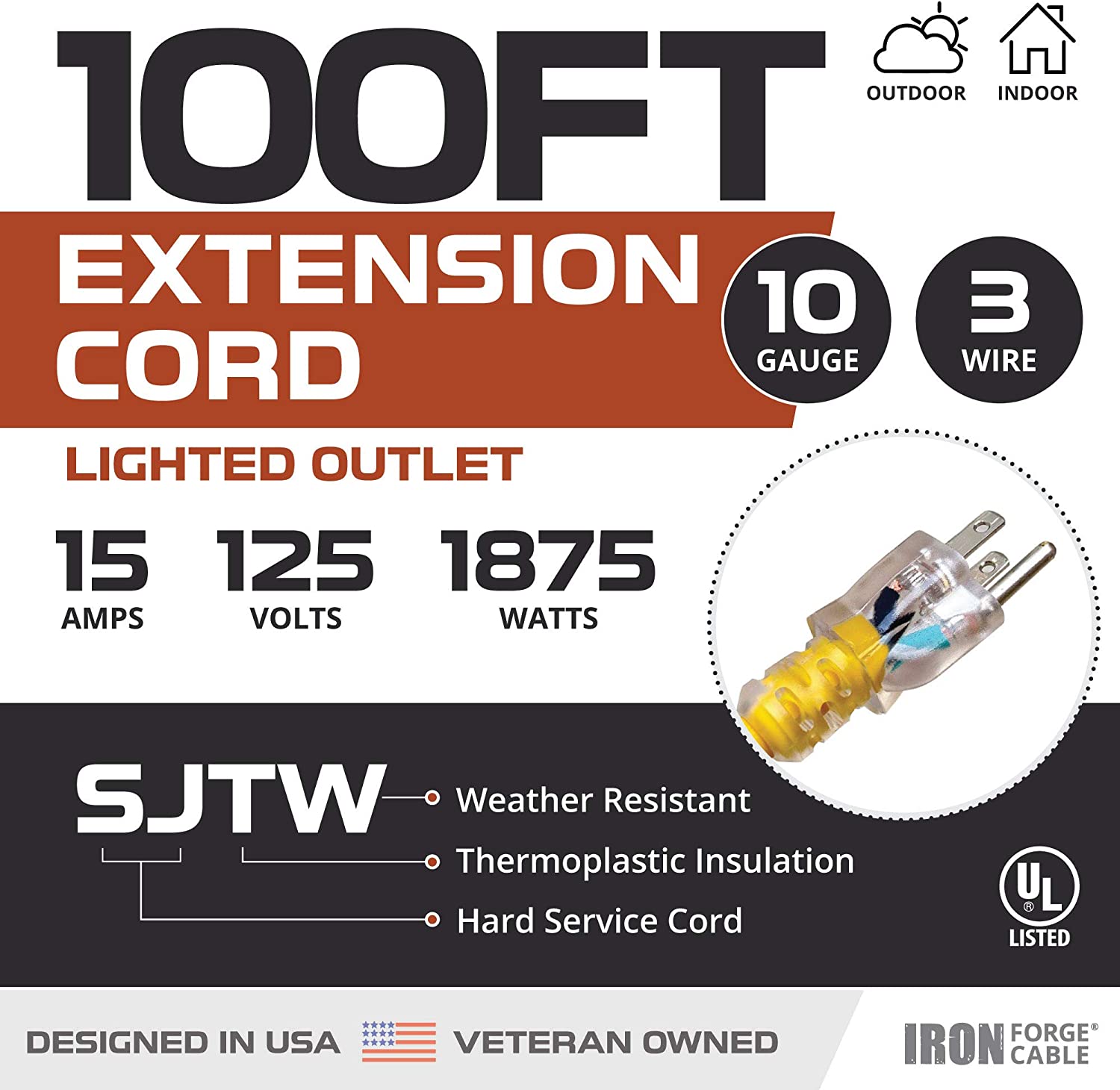 IRON FORGE CABLE, 100 Foot Lighted Outdoor Extension Cord - 10 Gauge- Yellow