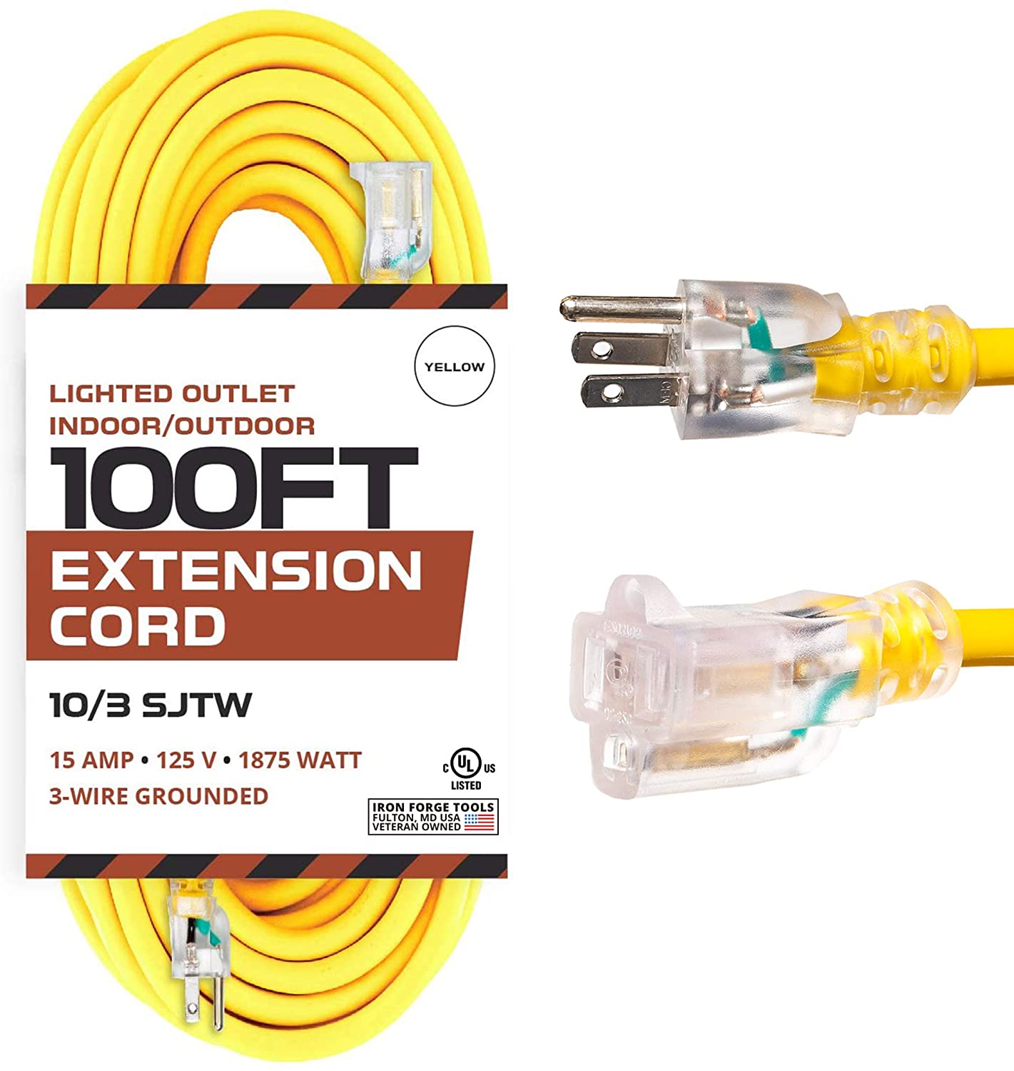 IRON FORGE CABLE, 100 Foot Lighted Outdoor Extension Cord - 10 Gauge- Yellow