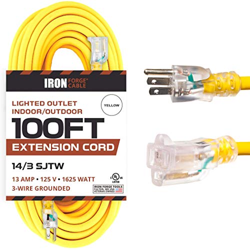 IRON FORGE CABLE, 100 Foot Lighted Outdoor Extension Cord - 14 Gauge- Yellow