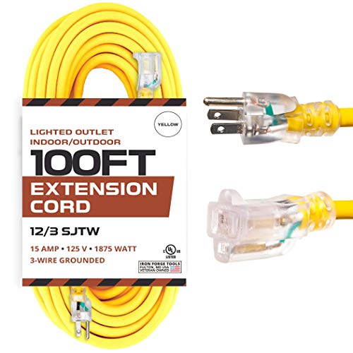 IRON FORGE CABLE, 100 Foot Outdoor Extension Cord - 12 Gauge- Yellow