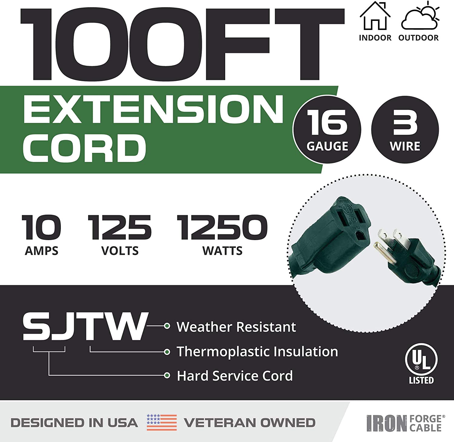 IRON FORGE CABLE, 100 Foot Outdoor Extension Cord - 16 Gauge- Green