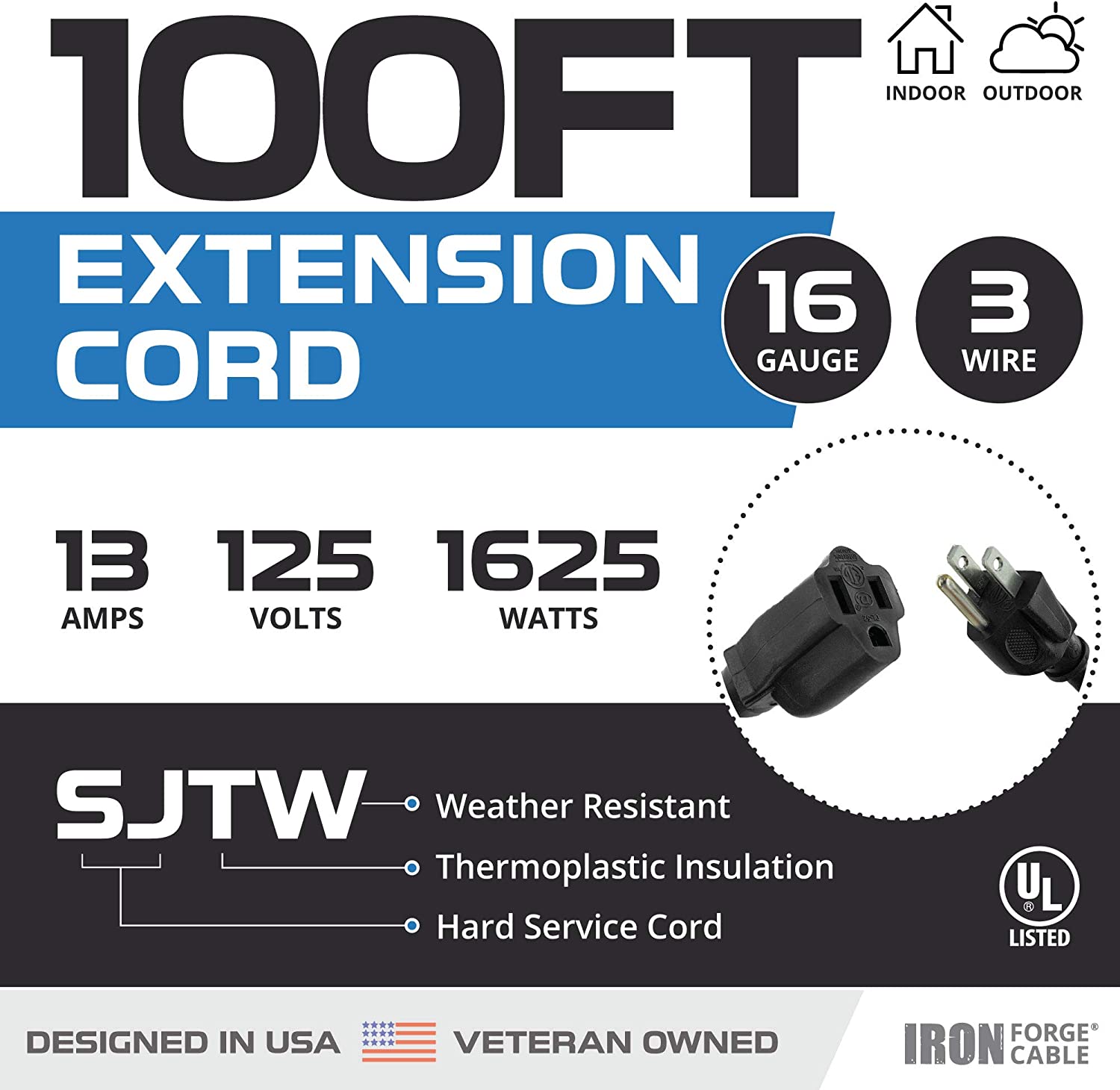 IRON FORGE CABLE, 100 Ft Black Extension Cord - 16 Gauge- Black