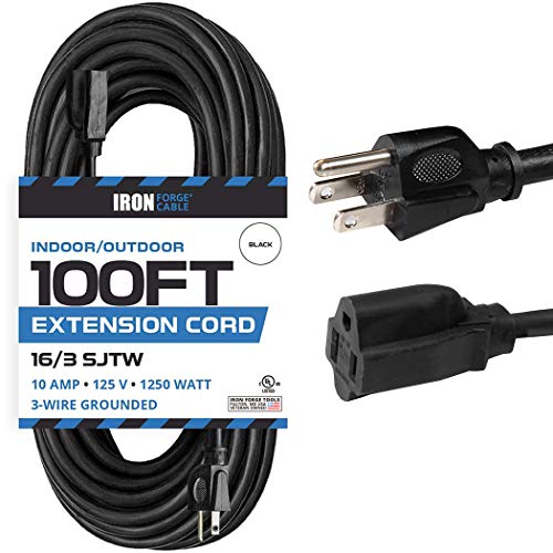 IRON FORGE CABLE, 100 Ft Black Extension Cord - 16 Gauge- Black