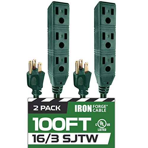 IRON FORGE CABLE, 100 Ft Extension Cord - 2 Pack - 16 Gauge-3 Outlets- Green