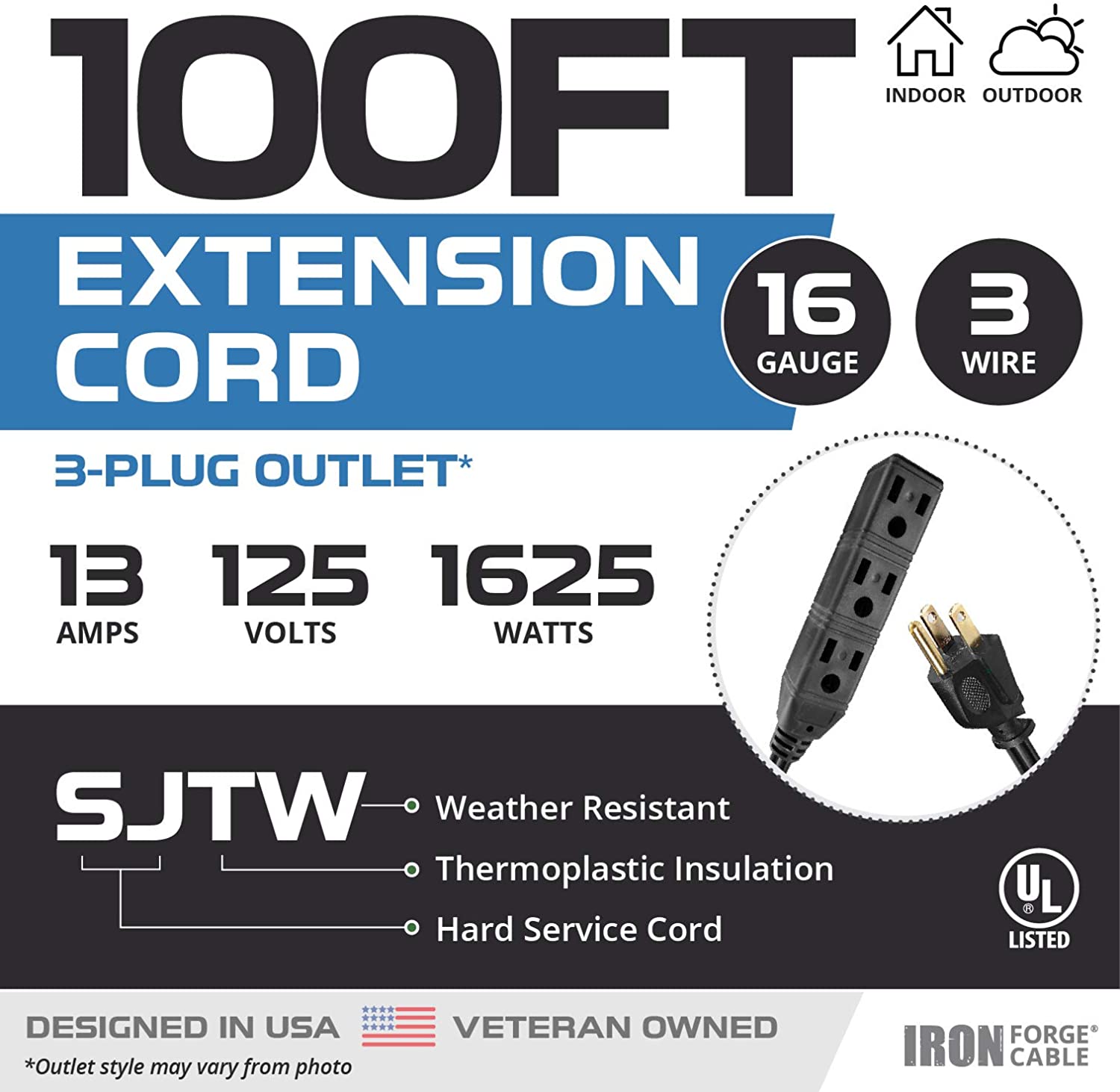 IRON FORGE CABLE, 100 Ft Extension Cord- 3 Outlets - 16 Gauge- Black