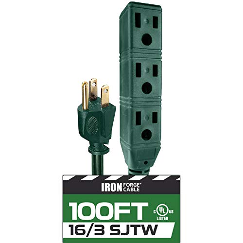 IRON FORGE CABLE, 100 Ft Extension Cord- 3 Outlets - 16 Gauge- Green