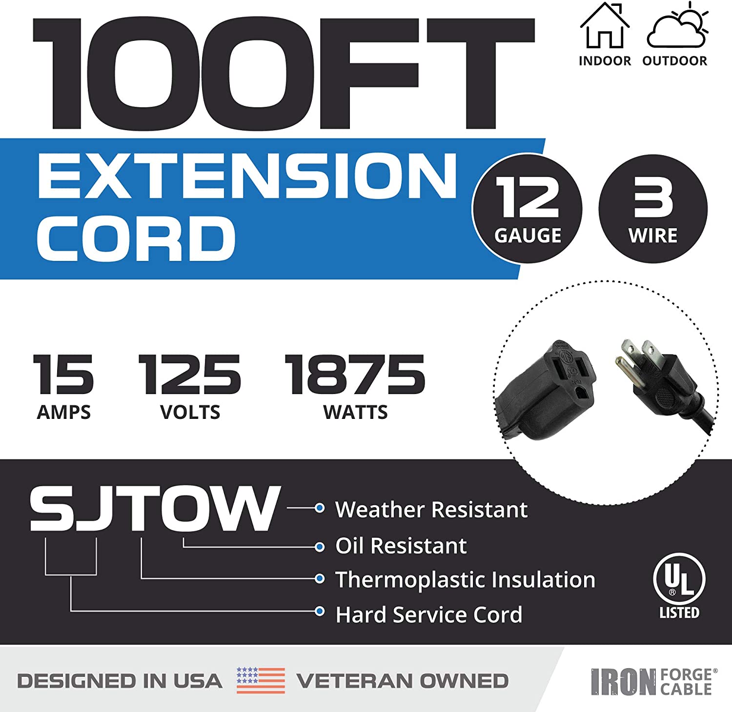 IRON FORGE CABLE, 100 Ft Heavy Duty Extension Cord - 12 Gauge- Black