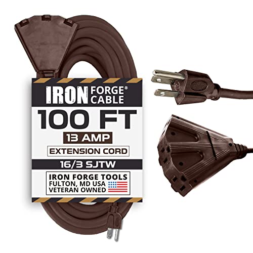 IRON FORGE CABLE, 100 Ft Heavy Duty Extension Cord- 3 Outlet - 16 Gauge- Brown