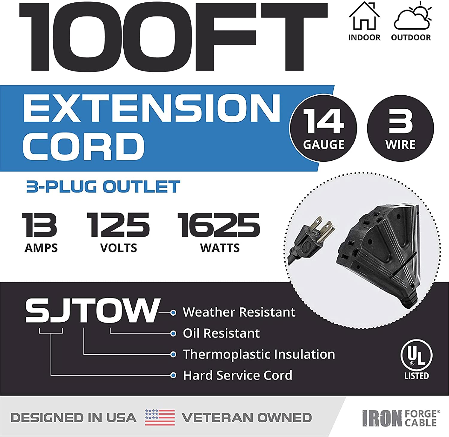 IRON FORGE CABLE, 100 Ft Heavy Duty Extension Cord- 3 Outlets- 14 Gauge- Black