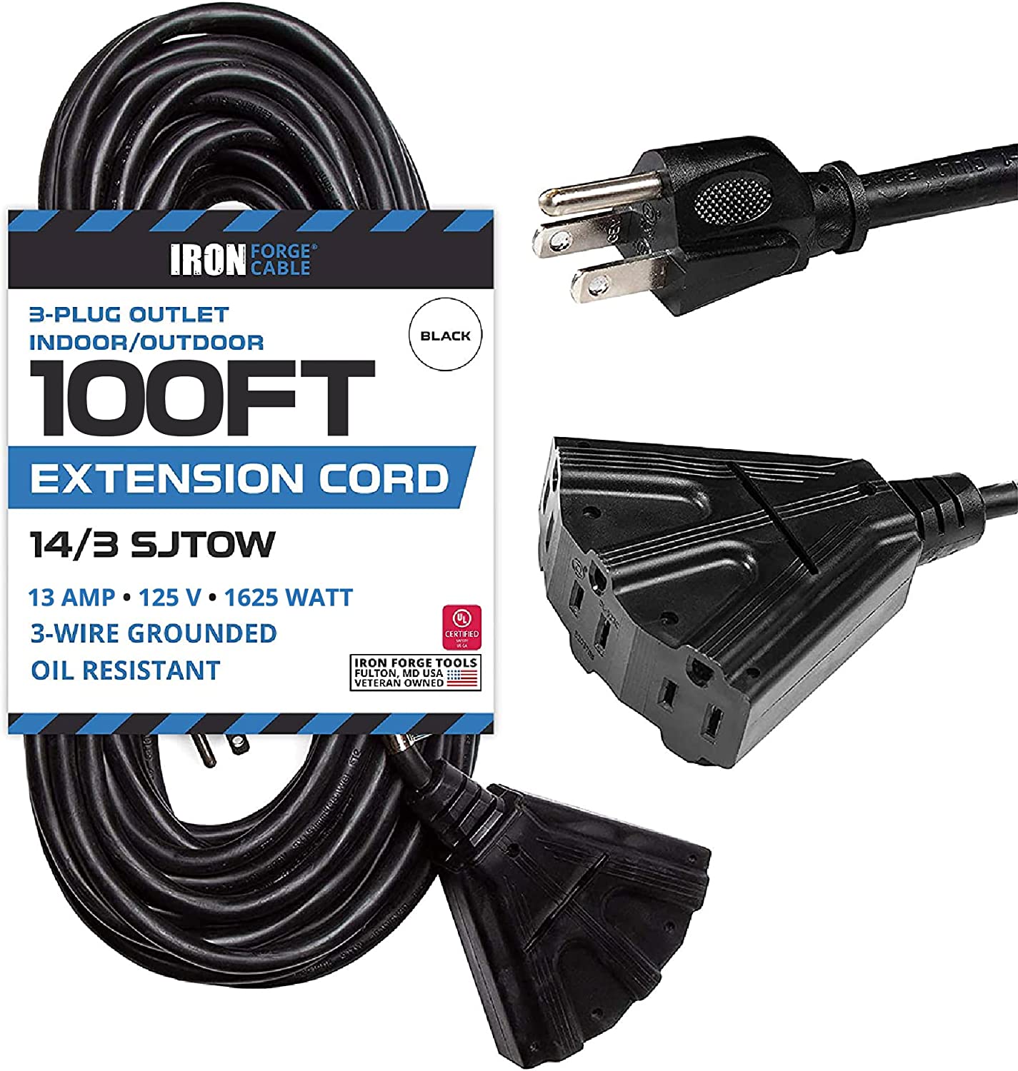 IRON FORGE CABLE, 100 Ft Heavy Duty Extension Cord- 3 Outlets- 14 Gauge- Black