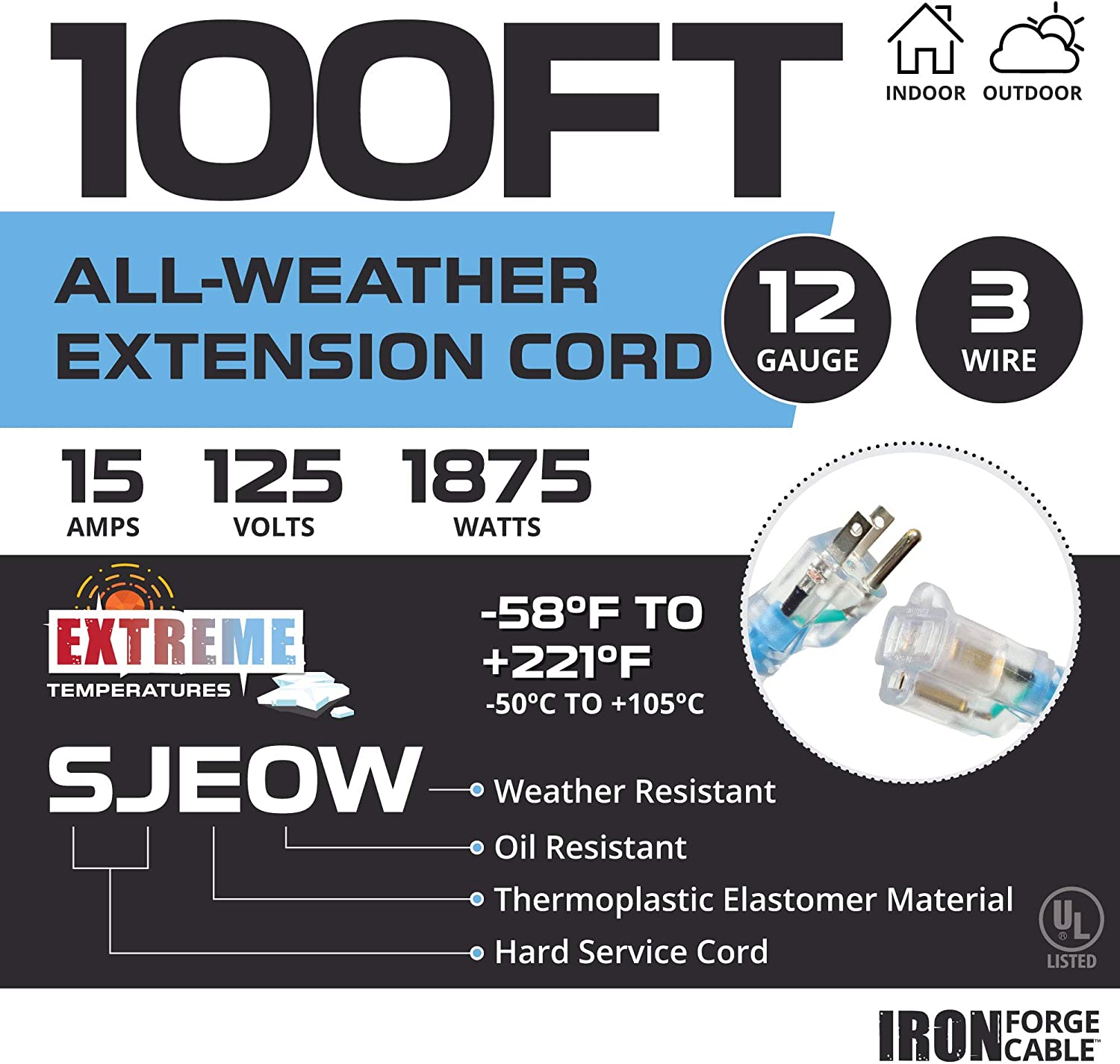 IRON FORGE CABLE, 100 Ft Lighted All Weather Extension Cord - 12 Gauge- Blue