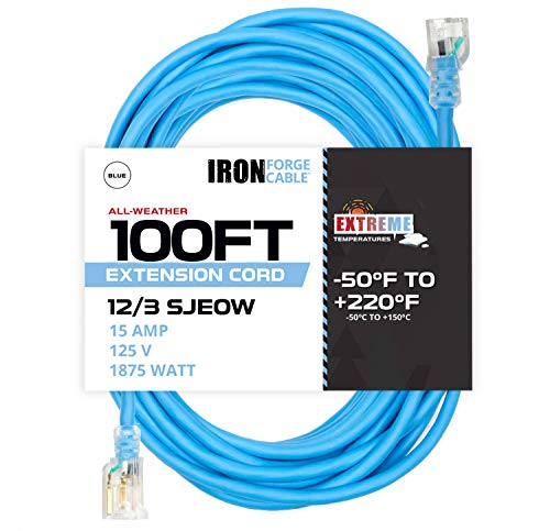 IRON FORGE CABLE, 100 Ft Lighted All Weather Extension Cord - 12 Gauge- Blue