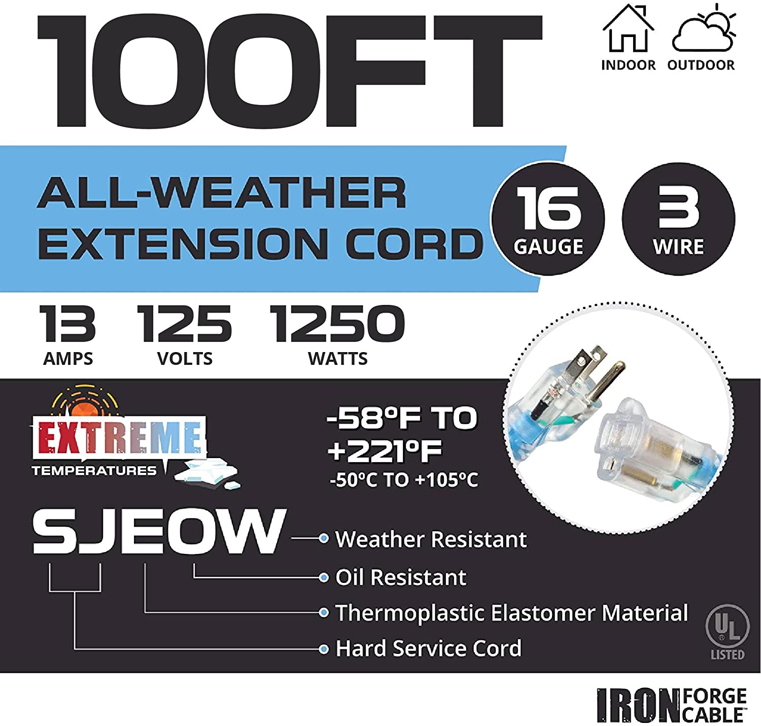 IRON FORGE CABLE, 100 Ft Lighted All Weather Extension Cord - 16 Gauge- Blue