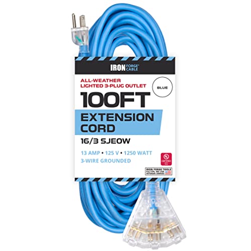 IRON FORGE CABLE, 100 Ft Lighted All Weather Extension Cord - 16 Gauge- Blue