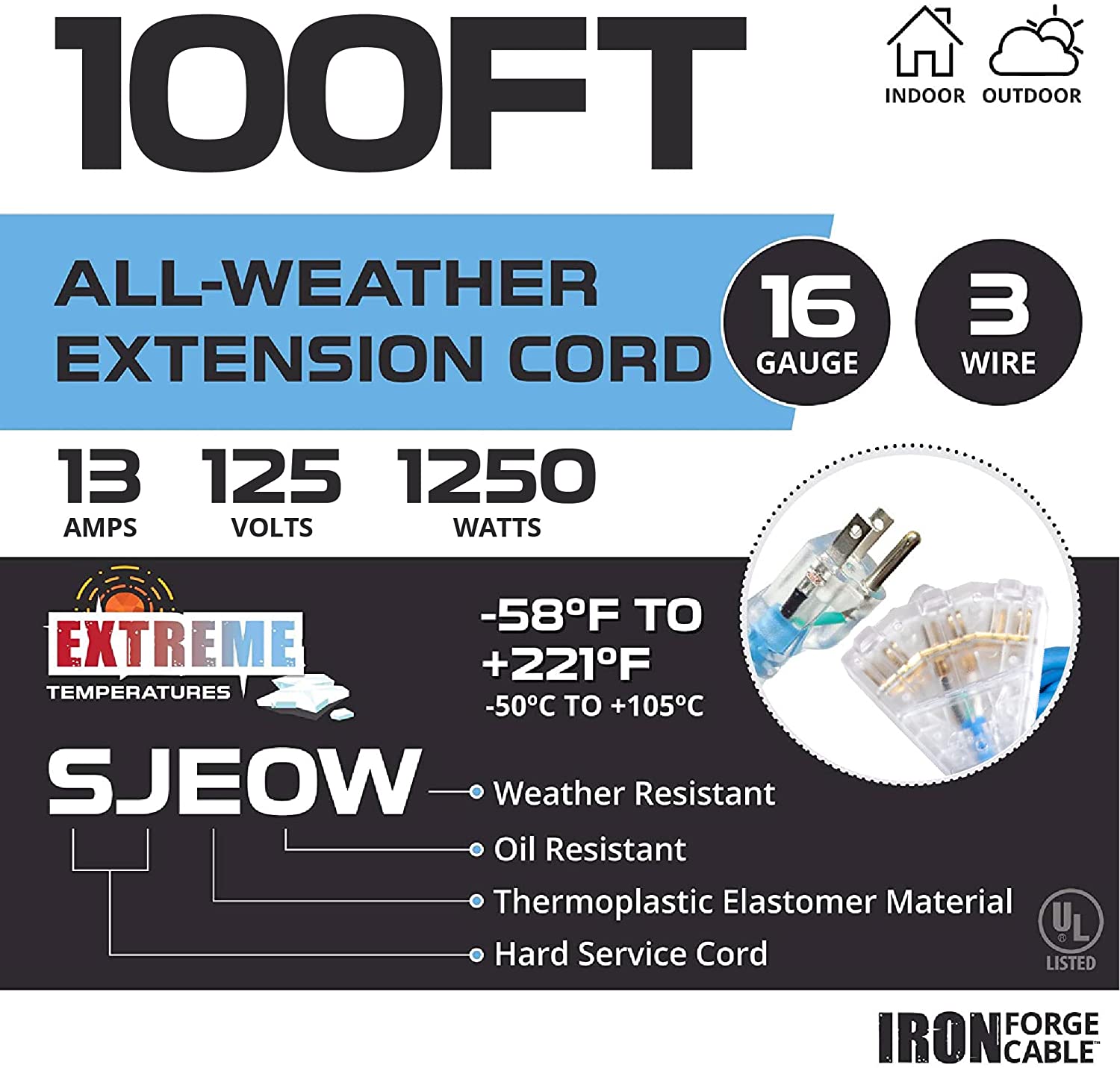 IRON FORGE CABLE, 100 Ft Lighted All Weather Extension Cord - 16 Gauge- Blue