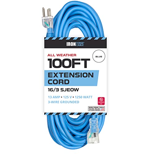 IRON FORGE CABLE, 100 Ft Lighted All Weather Extension Cord - 16 Gauge- Blue