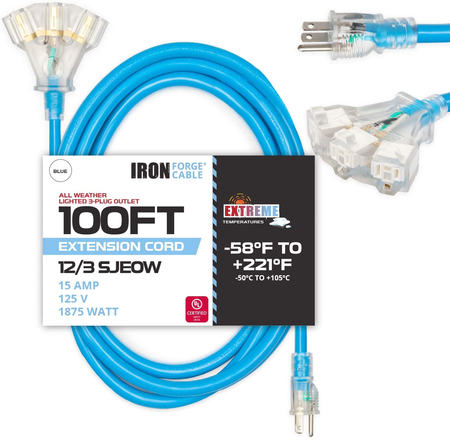 IRON FORGE CABLE, 100 Ft Lighted All Weather Extension Cord- 3 Outlets - 12 Gauge- Blue