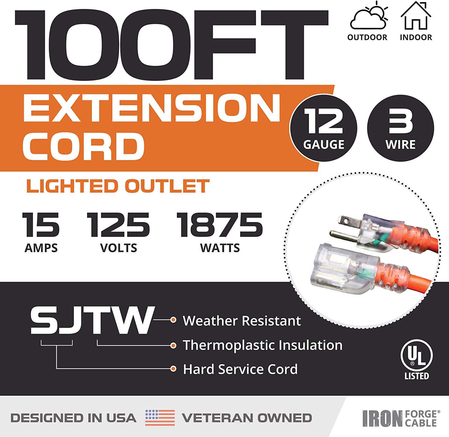 IRON FORGE CABLE, 100 Ft Lighted Extension Cord - 12 Gauge- Orange