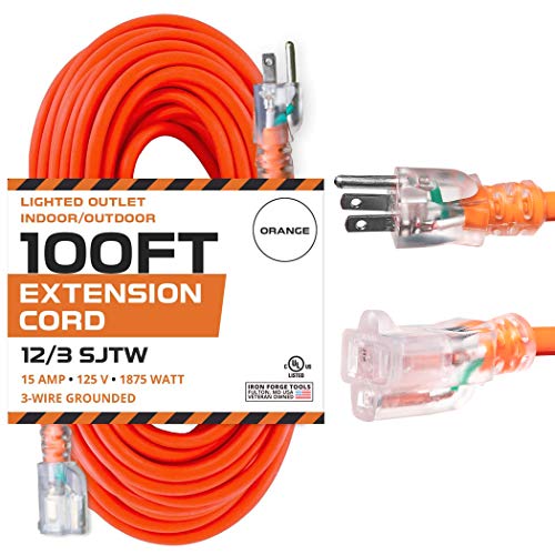 IRON FORGE CABLE, 100 Ft Lighted Extension Cord - 12 Gauge- Orange