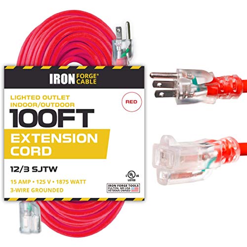 IRON FORGE CABLE, 100 Ft Lighted Extension Cord - 12 Gauge- Red