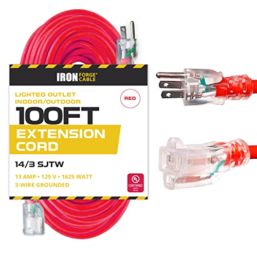 IRON FORGE CABLE, 100 Ft Lighted Extension Cord - 14 Gauge- Red