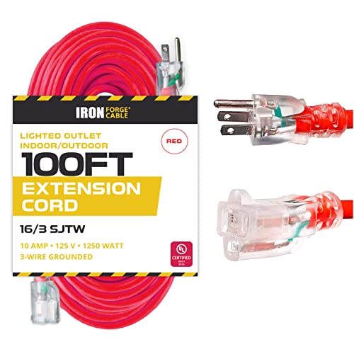 IRON FORGE CABLE, 100 Ft Lighted Extension Cord - 16 Gauge- Red