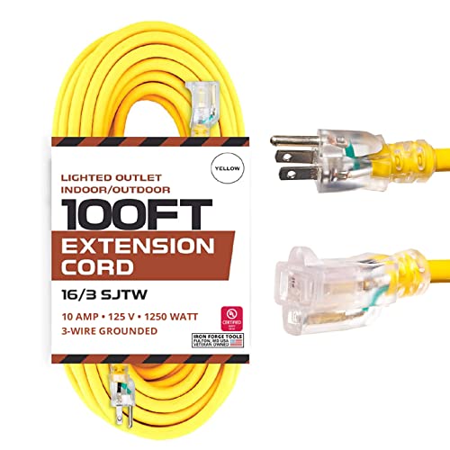 IRON FORGE CABLE, 100 Ft Lighted Extension Cord - 16 Gauge- Yellow