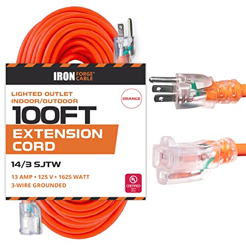 IRON FORGE CABLE, 100 Ft Lighted Outdoor Extension Cord- 14 Gauge- Orange