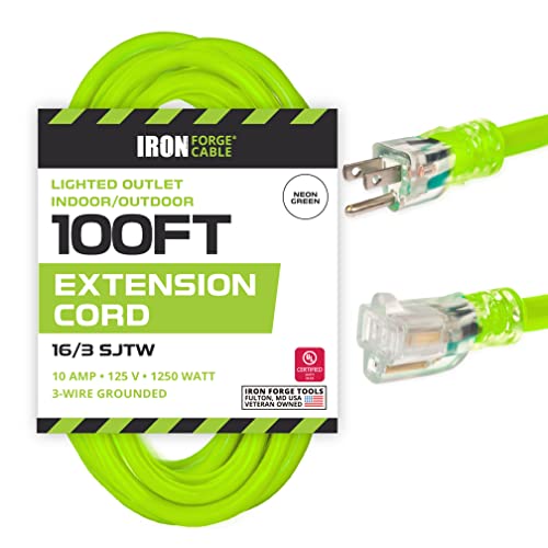 IRON FORGE CABLE, 100 Ft Lighted Outdoor Extension Cord - 16 Gauge- Neon Green