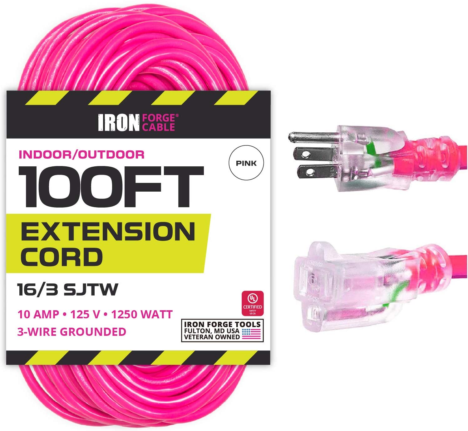 IRON FORGE CABLE, 100 Ft Lighted Outdoor Extension Cord - 16 Gauge- Pink