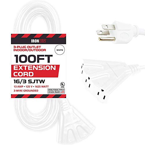 IRON FORGE CABLE, 100 Ft Outdoor Extension Cord- 3 Outlets - 16 Gauge- White