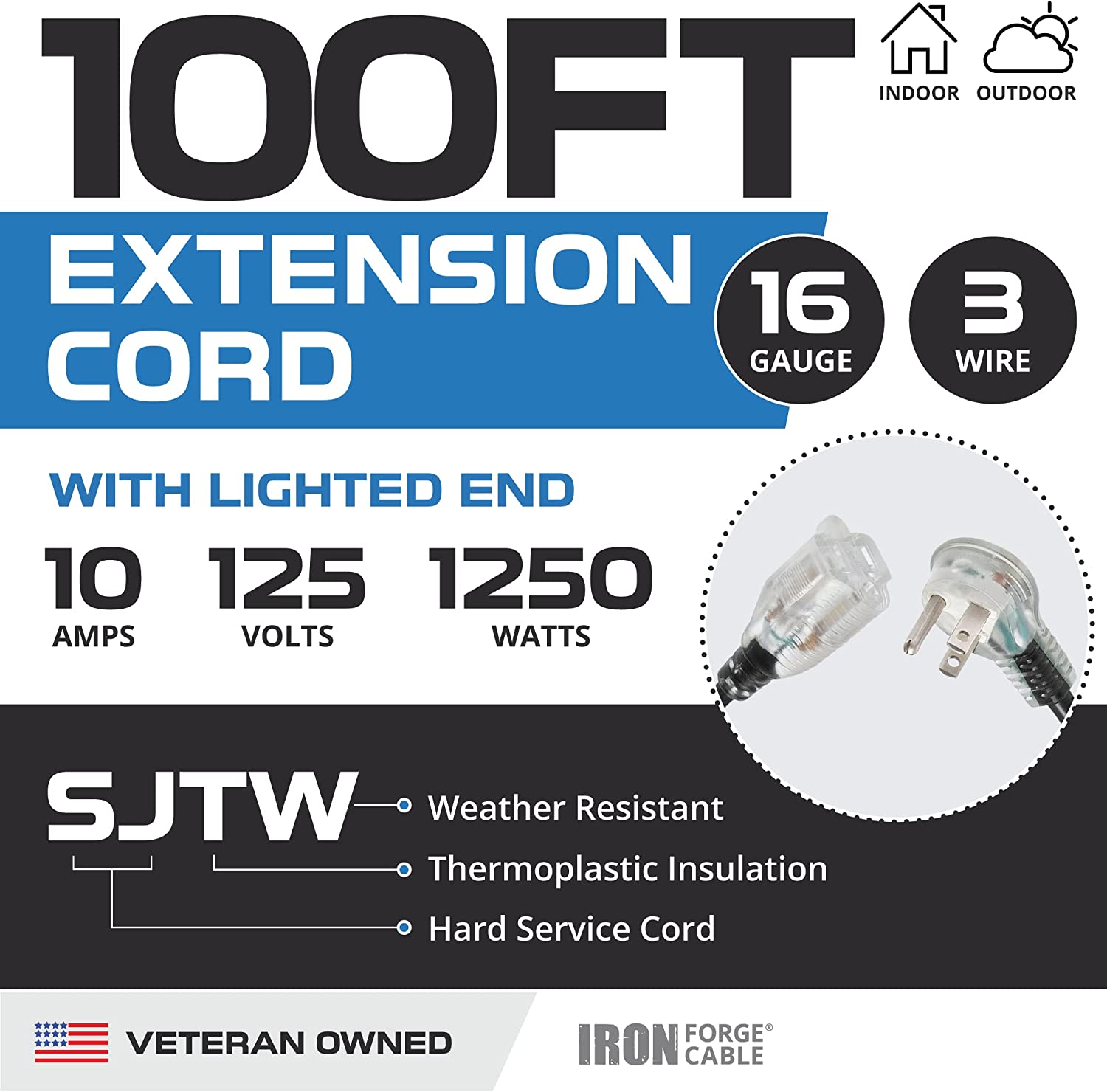 IRON FORGE CABLE, 100 ft Lighted Flat End Extension Cord- 16 Gauge- Black