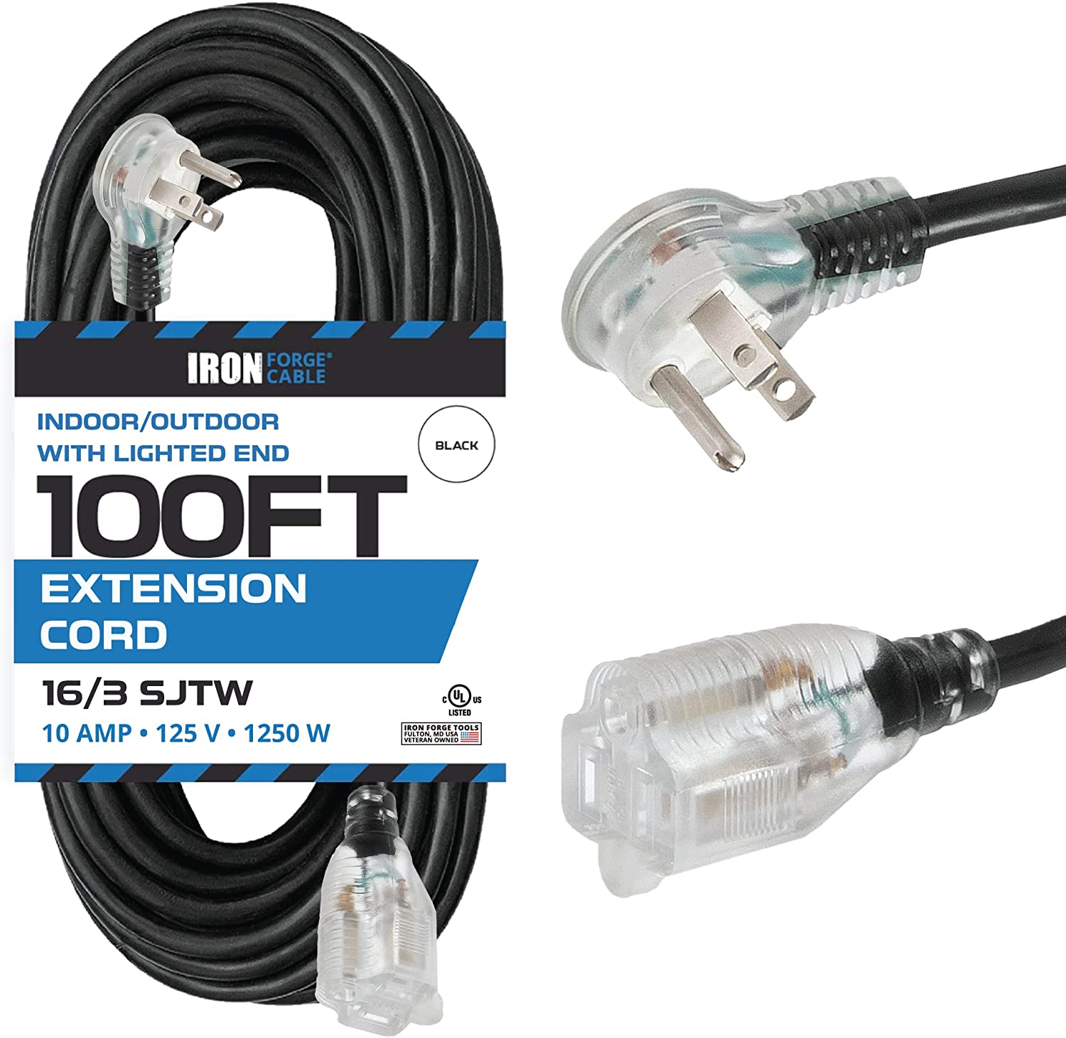 IRON FORGE CABLE, 100 ft Lighted Flat End Extension Cord- 16 Gauge- Black