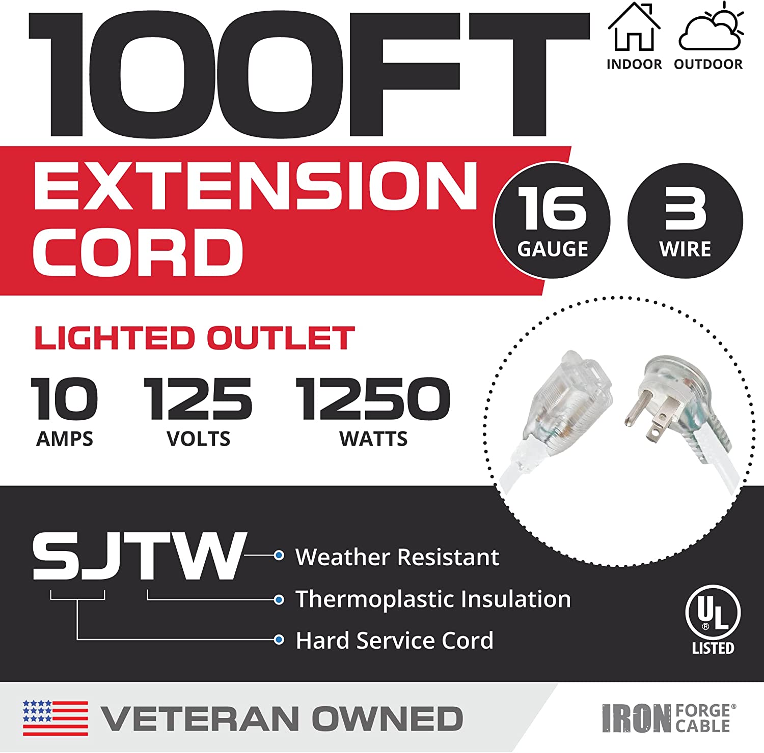 IRON FORGE CABLE, 100 ft Lighted Outdoor Extension Cord- Flat End Outlet - 16 Gauge- White