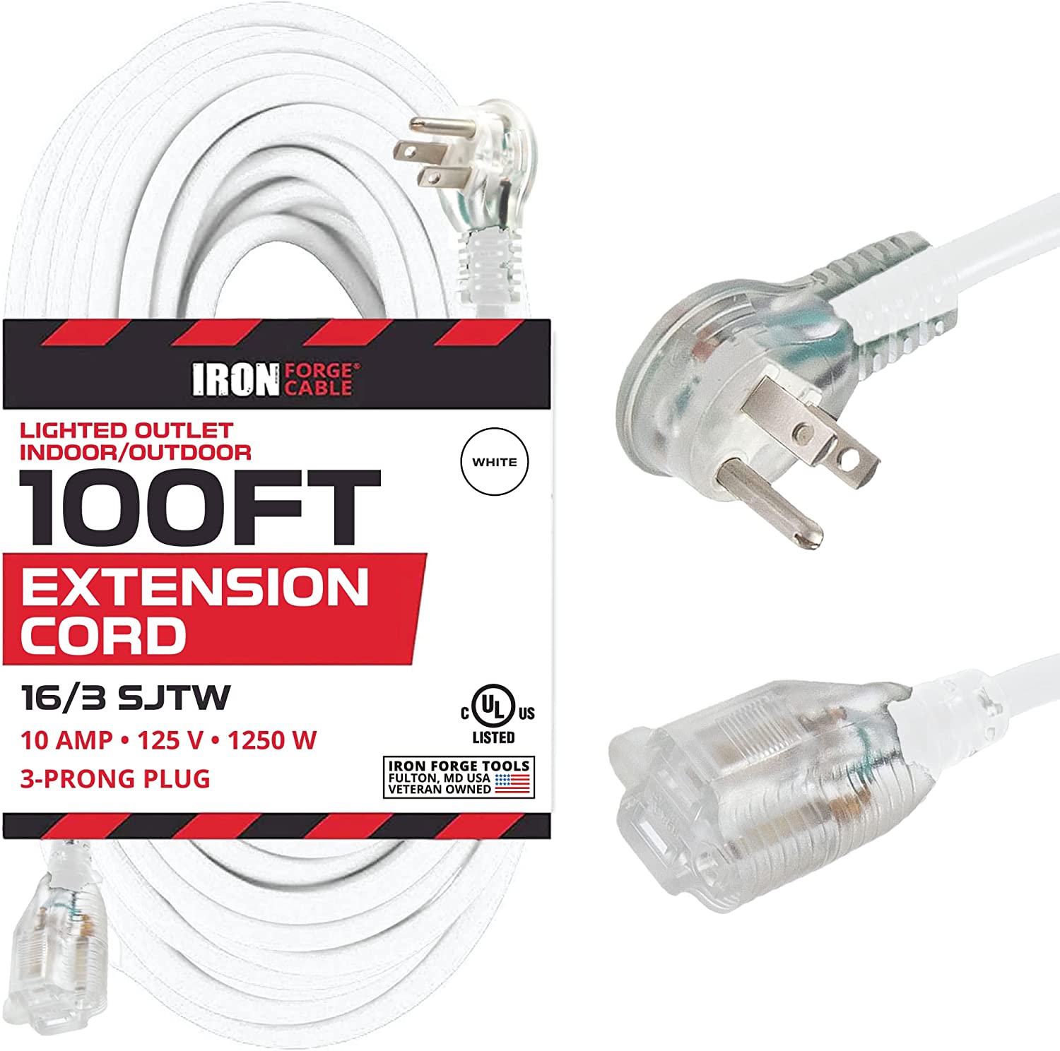 IRON FORGE CABLE, 100 ft Lighted Outdoor Extension Cord- Flat End Outlet - 16 Gauge- White