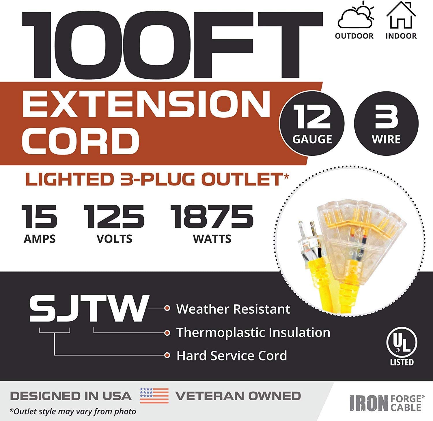 IRON FORGE CABLE, 100ft Lighted Outdoor Extension Cord- 3 Outlets - 12 Gauge- Yellow